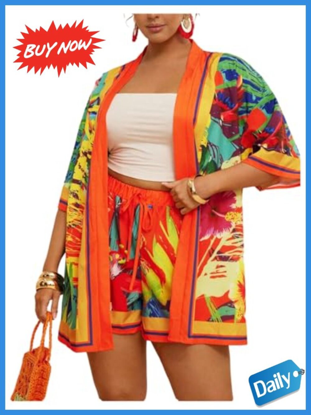 Plus Size 2 Piece Short Set Open Front Top Baggy Shorts Tropical Boho